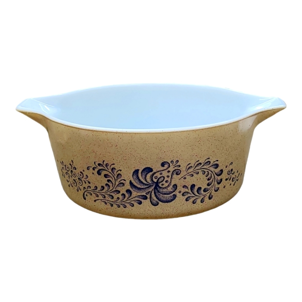 Vintage Pyrex Homestead Speckled Beige Blue Casserole Model # 475-B 2.5 L Dish